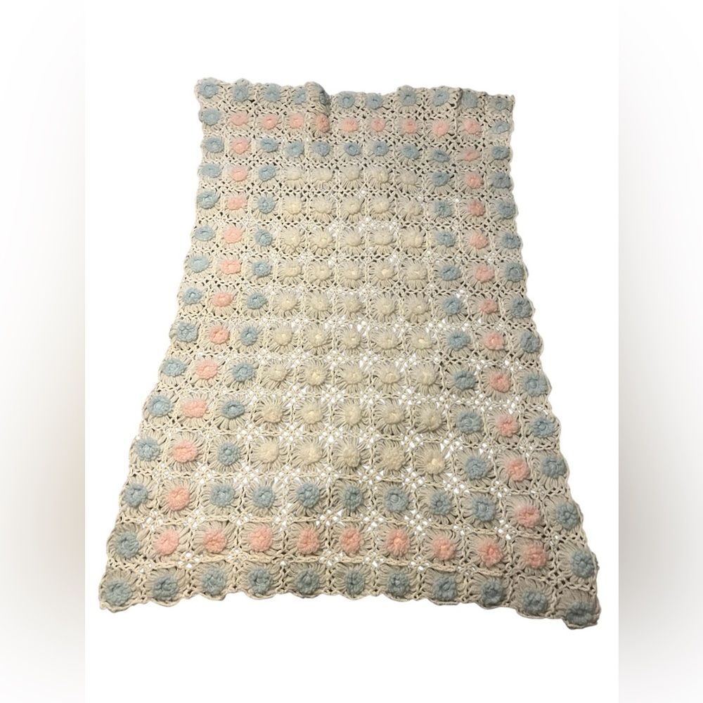 Handmade Crochet Pink, Blue, and White Floral Rosette Throw Blanket 39x28